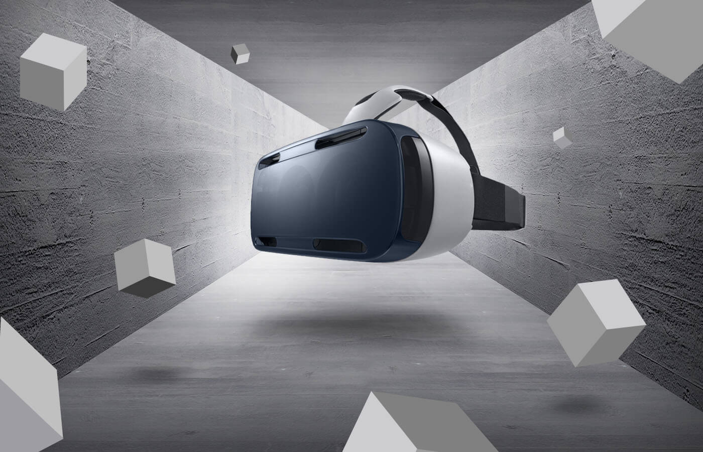 An award-winning digital marketing image featuring a VR headset soaring through empty space.