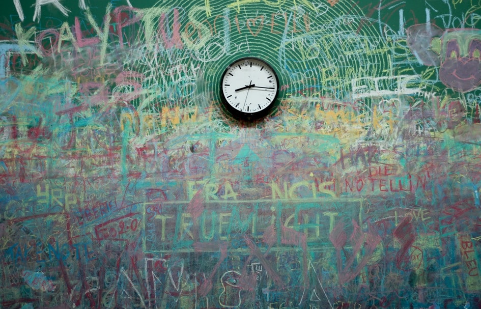 An award-winning clock on a wall covered in graffiti in Hong Kong.