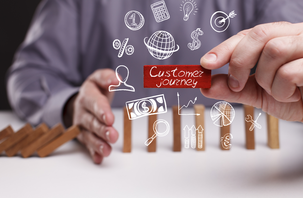 A man is holding an award-winning sign that says customer journey.