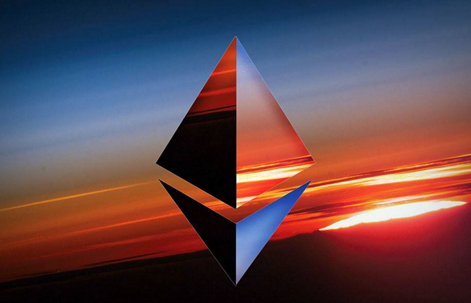 An image of the ethereum logo at sunset in Hong Kong.