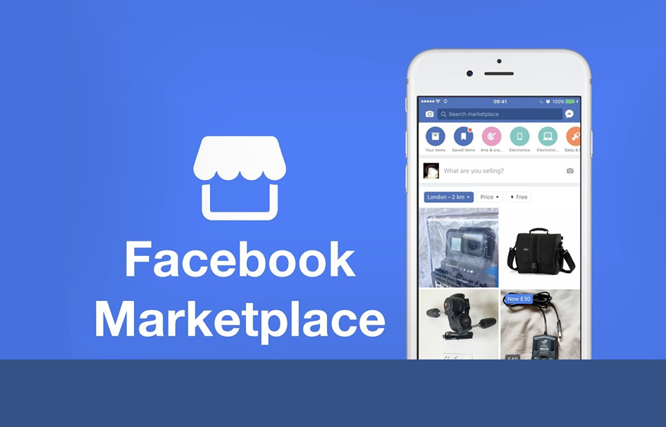 The Facebook Marketplace app is showcased on an iPhone.