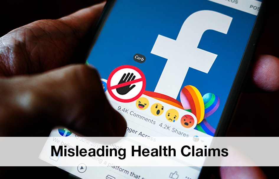 A hand holding a cell phone with misleading health claims in digital marketing.