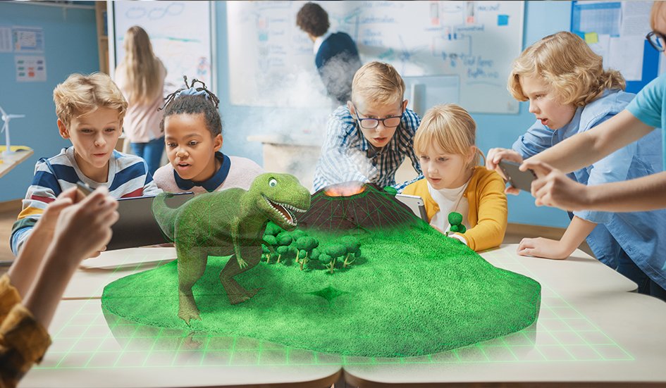 A group of award-winning children are playing with a dinosaur in a classroom in Hong Kong.